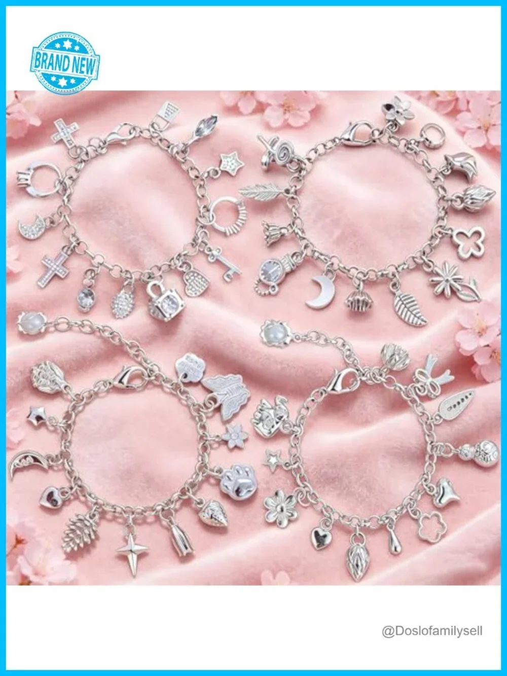 4PCs Sterling Silver Adjustable Dainty Charm Layered Bracelets Set with 13